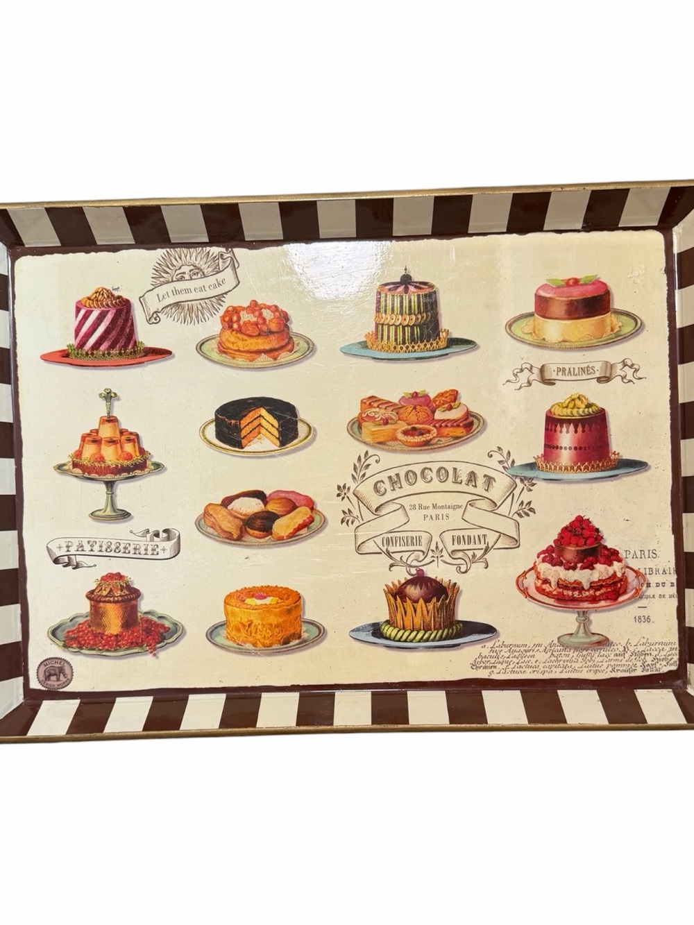 MICHEL DESIGN WORKS PATISSERIE SERVING TRAY PARIS CAKE DESSERT STRIPED HANDLES
